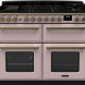 Falcon Estel Deluxe 110 Gas fornuis vooraanzicht roze uitvoering met gasvuur, bedieningspanelen en dubbele ovens