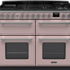 Falcon Estel Deluxe 110 Gas fornuis vooraanzicht in roze met dubbele ovens en gaskookplaat