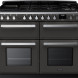 Falcon Estel Deluxe 110 Gas fornuis zwart vooraanzicht met twee ovens en gasfornuis bovenzijde