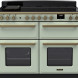 Falcon Estel Deluxe 110 Inductie vooraanzicht in lichtgroen met bedieningsknoppen, inductiekookplaat en twee ovens met ramen