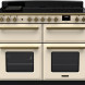 Falcon Estel Deluxe 110 fornuis vooraanzicht crèmekleurig met dubbele oven, kookplaat en bedieningsknoppen