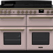 Falcon Estel Deluxe 110 fornuis vooraanzicht roze uitvoering met dubbele oven en kookplaat