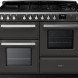 Falcon Estel Deluxe 110 Gas fornuis zwart, vooraanzicht met gasvuur bovenblad en twee ovens