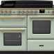 Falcon Estel Deluxe 110 fornuis vooraanzicht, mint-groen met zwart, dubbele ovens en inductiekookplaat