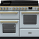 Falcon Estel Deluxe 110 Inductie vooraanzicht lichtblauw, inductiekookplaat bovenin, twee ovens met ramen en gouden handgrepen