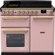 Falcon Estel Deluxe 100 Gas fornuis roze, vooraanzicht met geopende gasblad, dubbele oven zichtbaar