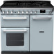 Falcon Estel Deluxe 100 Gas fornuis in lichtblauw, vooraanzicht met gaskookplaat, twee ovens en bedieningsknoppen