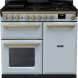 Falcon Estel Deluxe 100 Gas fornuis lichtblauw met gaspitten, bedieningspanelen en twee ovens, vooraanzicht