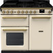 Falcon Estel Deluxe 100 Gas fornuis vooraanzicht, crème kleur met gouden greepstangen en bedieningsknoppen