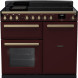 Falcon Estel Deluxe 100 Inductie fornuis vooraanzicht in bordeauxrood met inductiekookplaat, bedieningspanelen en twee ovens