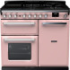 Falcon Estel Deluxe 100 Inductie fornuis vooraanzicht in roze met inductiekookplaat, bedieningsknoppen en twee ovens