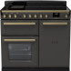 Falcon Estel Deluxe 100 Inductie fornuis vooraanzicht in antraciet met gouden bedieningsknoppen en twee ovens