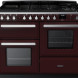 Falcon Estel Deluxe 110 Gas Bordeaux Chrome fornuis, vooraanzicht met gasfornuis bovenblad, twee ovens en bedieningsknoppen