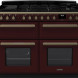 Falcon Estel Deluxe 110 Gas fornuis in Burgundy kleur, frontaal overzicht met dubbele ovendeuren en antique brass details
