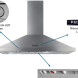 Falcon 90 afzuigkap detail onderdelen met ronde LED-lampen, Falcon-logo en bedieningspaneel