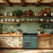 Falcon Infusion 90 Gas 2026 fornuis groen, ingebouwd in houten keuken met open schappen en groene muur