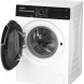 Whirlpool was/droogcombinatie met geopende deur en zichtbare gewelfde trommelstructuur, frontaanzicht
