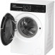 Whirlpool wasmachine zijkant met geopende deur en trommeltank zichtbaar