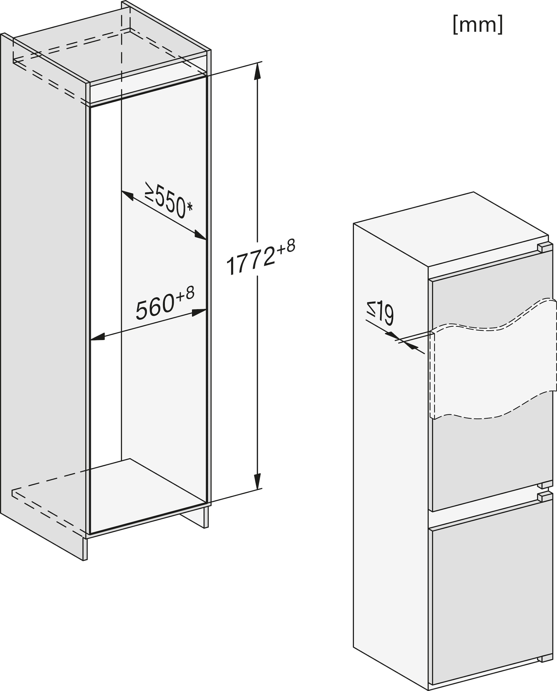 Maten (hoogte, breedte en diepte) van MIELE koelkast inbouw KDN7714E