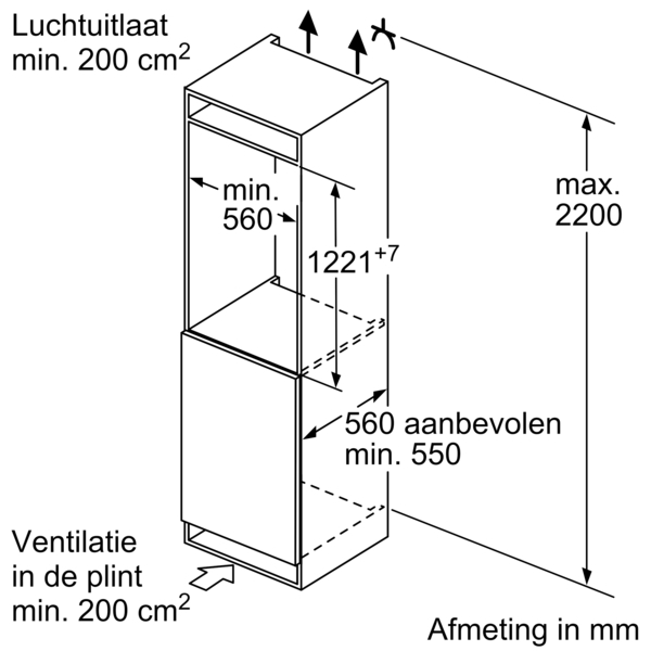 Maten (hoogte, breedte en diepte) van BOSCH koelkast inbouw KIR41NSE0