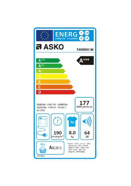 Energielabel ASKO droger warmtepomp T408HD.W