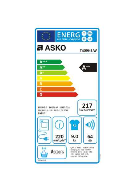 Energielabel ASKO droger warmtepomp T409HS.W