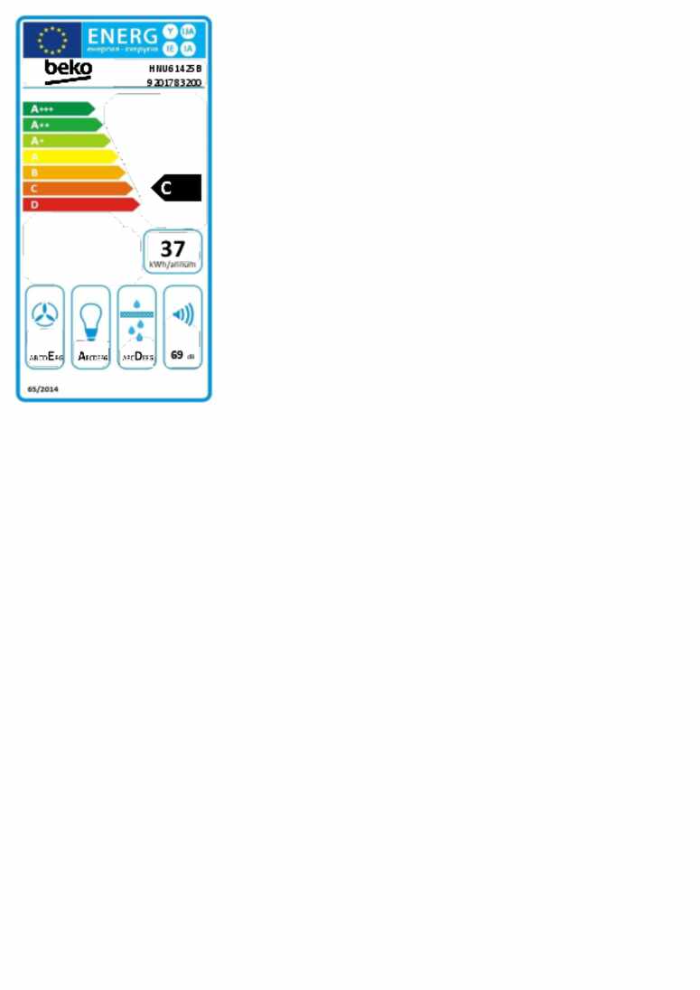 Energielabel BEKO afzuigkap geintegreerd HNU61425B