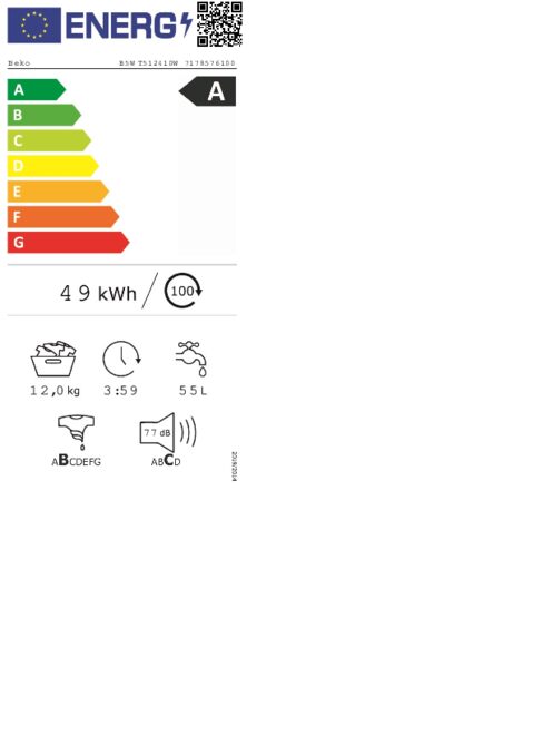 Energielabel BEKO wasmachine B5WT512410W