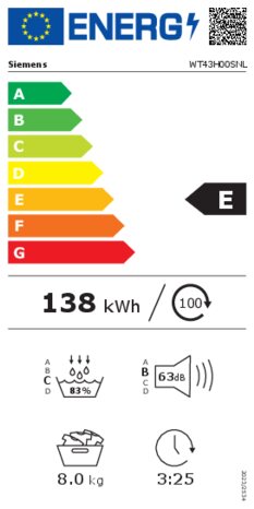 Energielabel SIEMENS droger warmtepomp WT43H00SNL