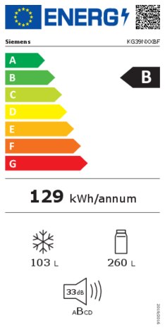 Energielabel SIEMENS koelkast blacksteel KG39NXXBF