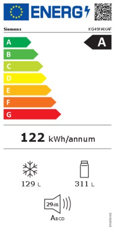Energielabel SIEMENS koelkast blacksteel KG49N4XAF
