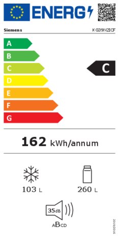 Energielabel SIEMENS koelkast rvs KG39N2ICF