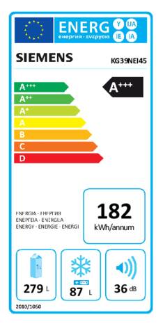 Energielabel SIEMENS koelkast rvs KG39NEI45