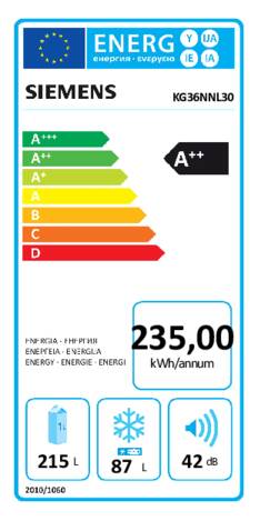 Energielabel SIEMENS koelkast rvs/look KG36NNL30