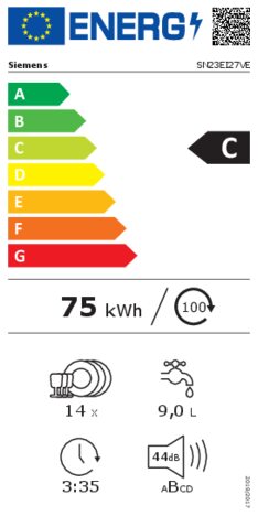 Energielabel SIEMENS vaatwasser rvs look SN23EI27VE