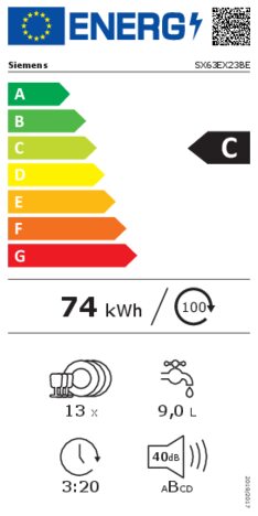 Energielabel SIEMENS vaatwasser verhoogd inbouw SX63EX23BE