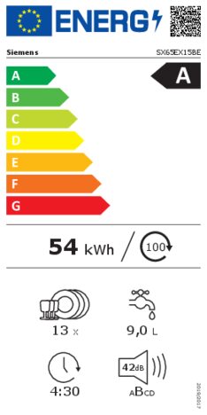 Energielabel SIEMENS vaatwasser verhoogd inbouw SX65EX15BE