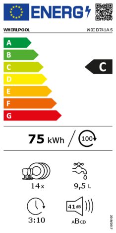 Energielabel WHIRLPOOL vaatwasser inbouw W0I D741A S
