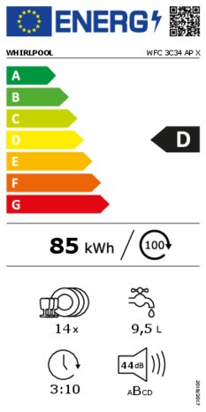 Energielabel WHIRLPOOL vaatwasser vrijstaand rvs WFC 3C34 AP X