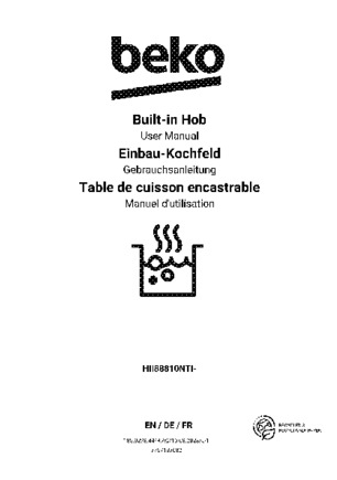 Gebruiksaanwijzing BEKO kookplaat inductie inbouw HII88810NTI