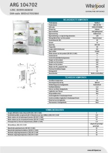 Instructie WHIRLPOOL koelkast inbouw ARG 104702