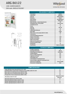 Instructie WHIRLPOOL koelkast inbouw ARG 86122