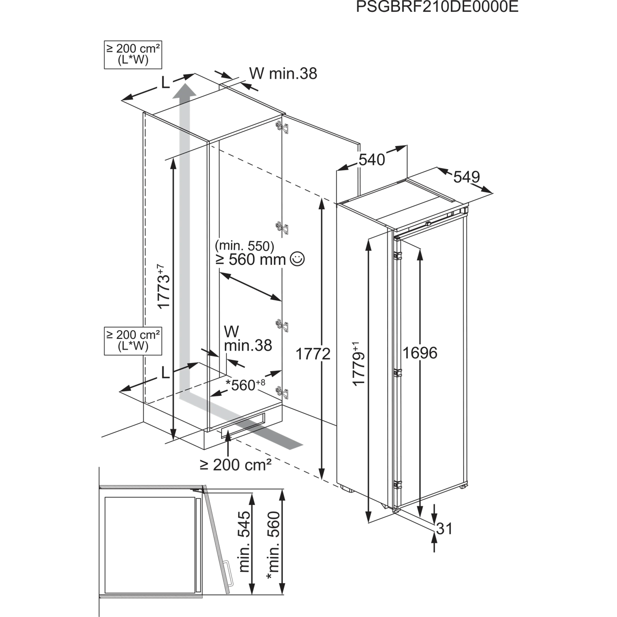 Maattekening met de afmetingen van dit model