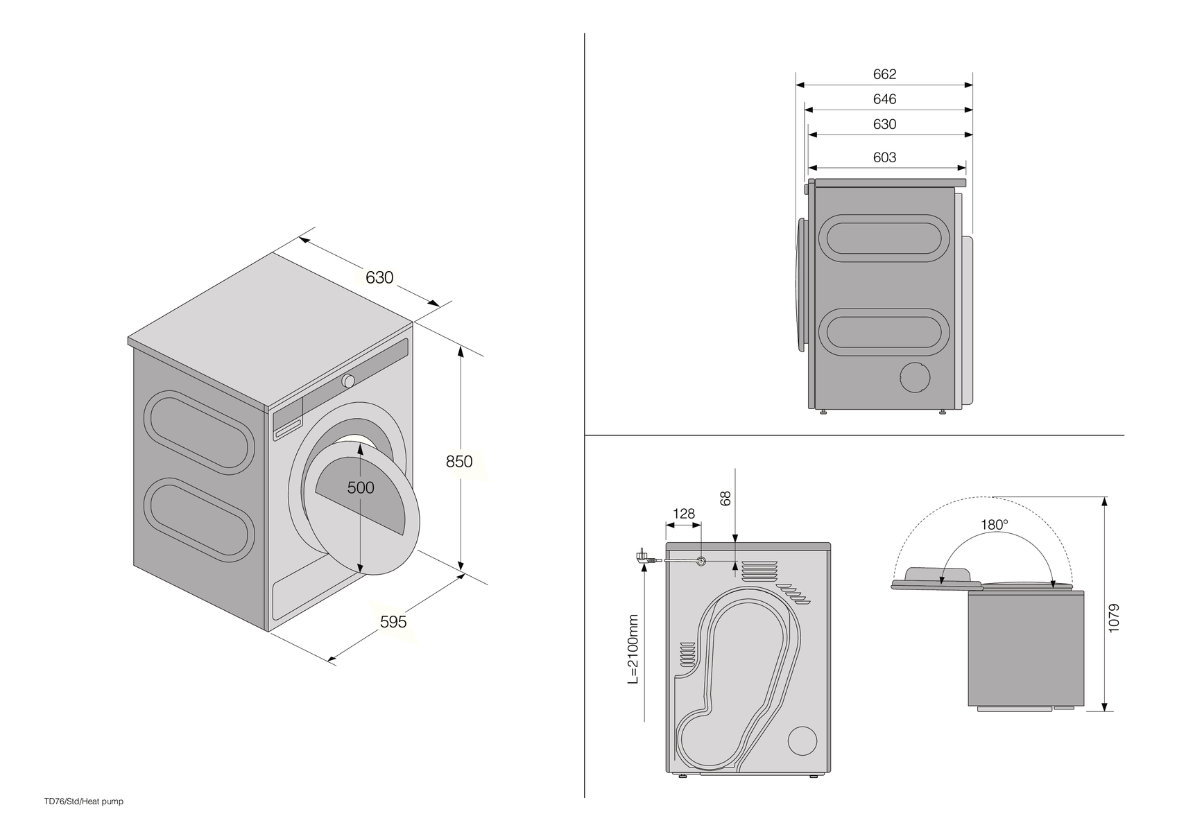 Maattekening ASKO droger warmtepomp T108HCW
