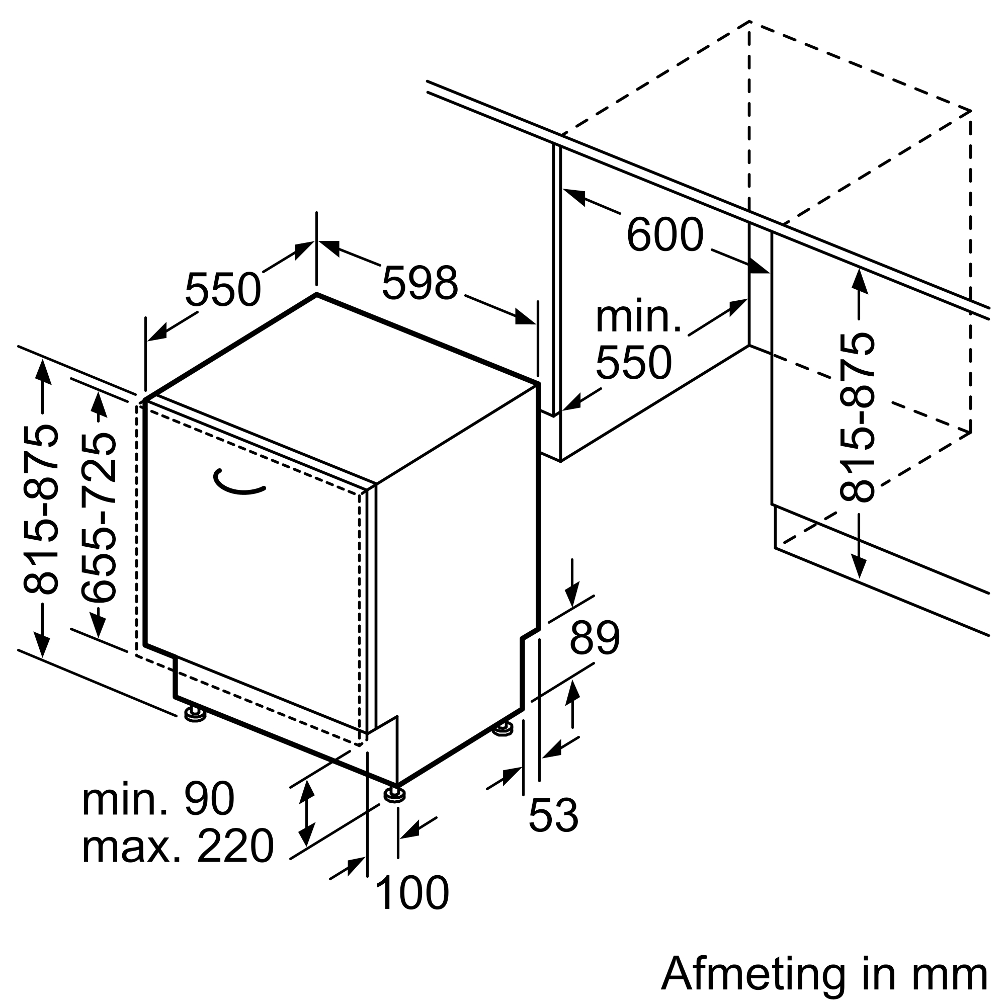 Maattekening met de afmetingen van dit model