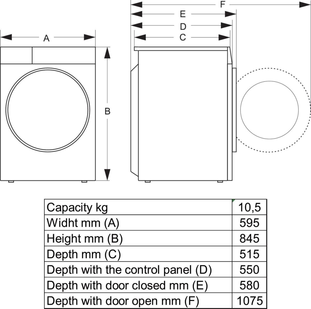 Maattekening HISENSE wasmachine zwart WF5I1045BBQ