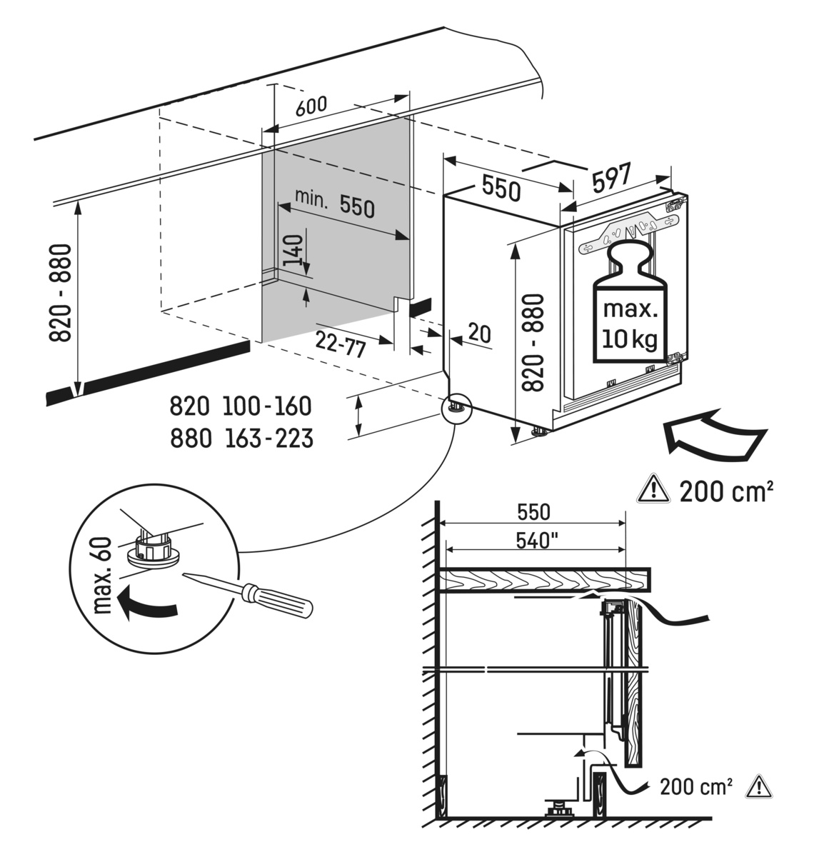 Maattekening LIEBHERR koelkast biofresh inbouw SUIB 1550-25