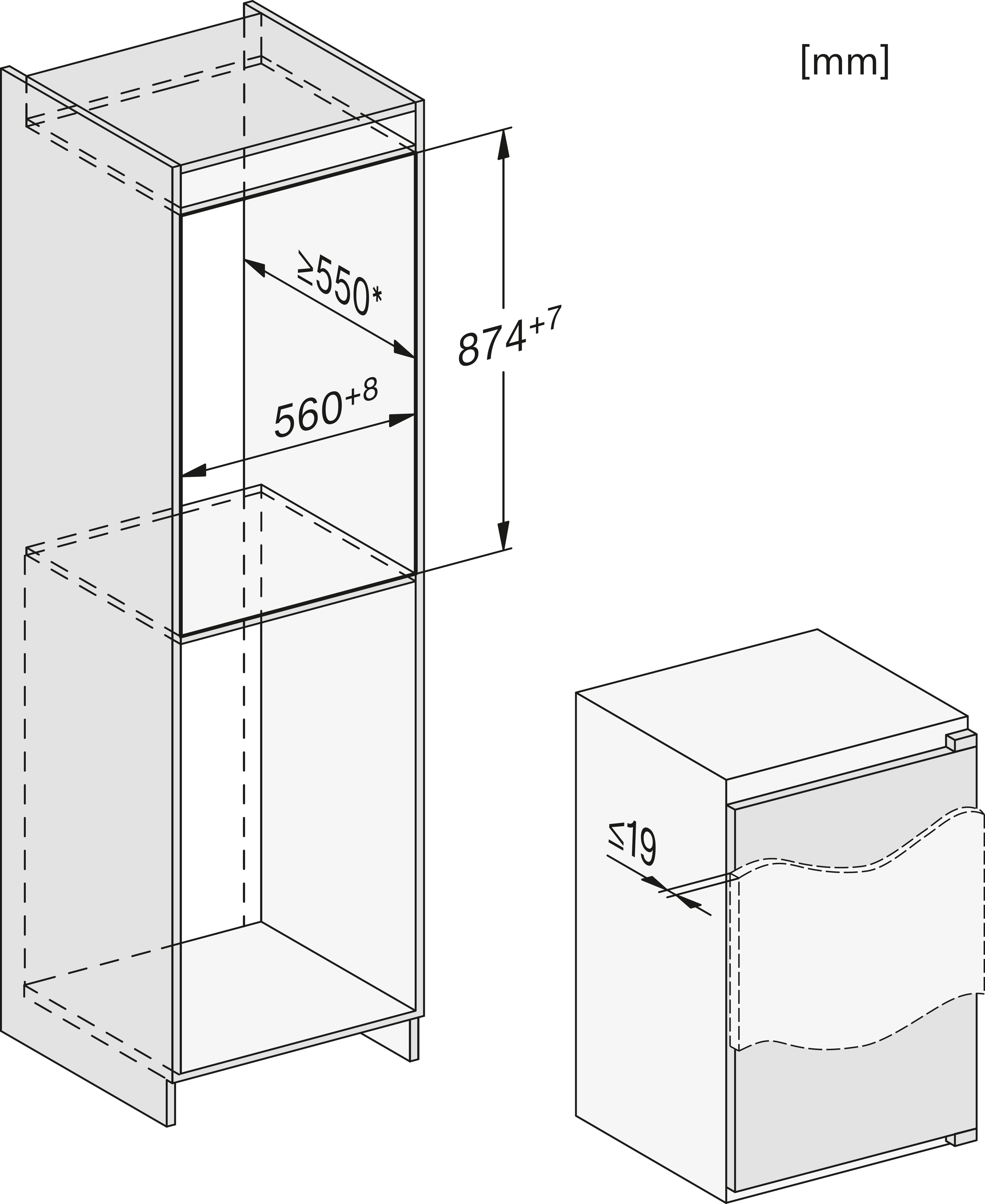 Maattekening MIELE koelkast inbouw K7115E