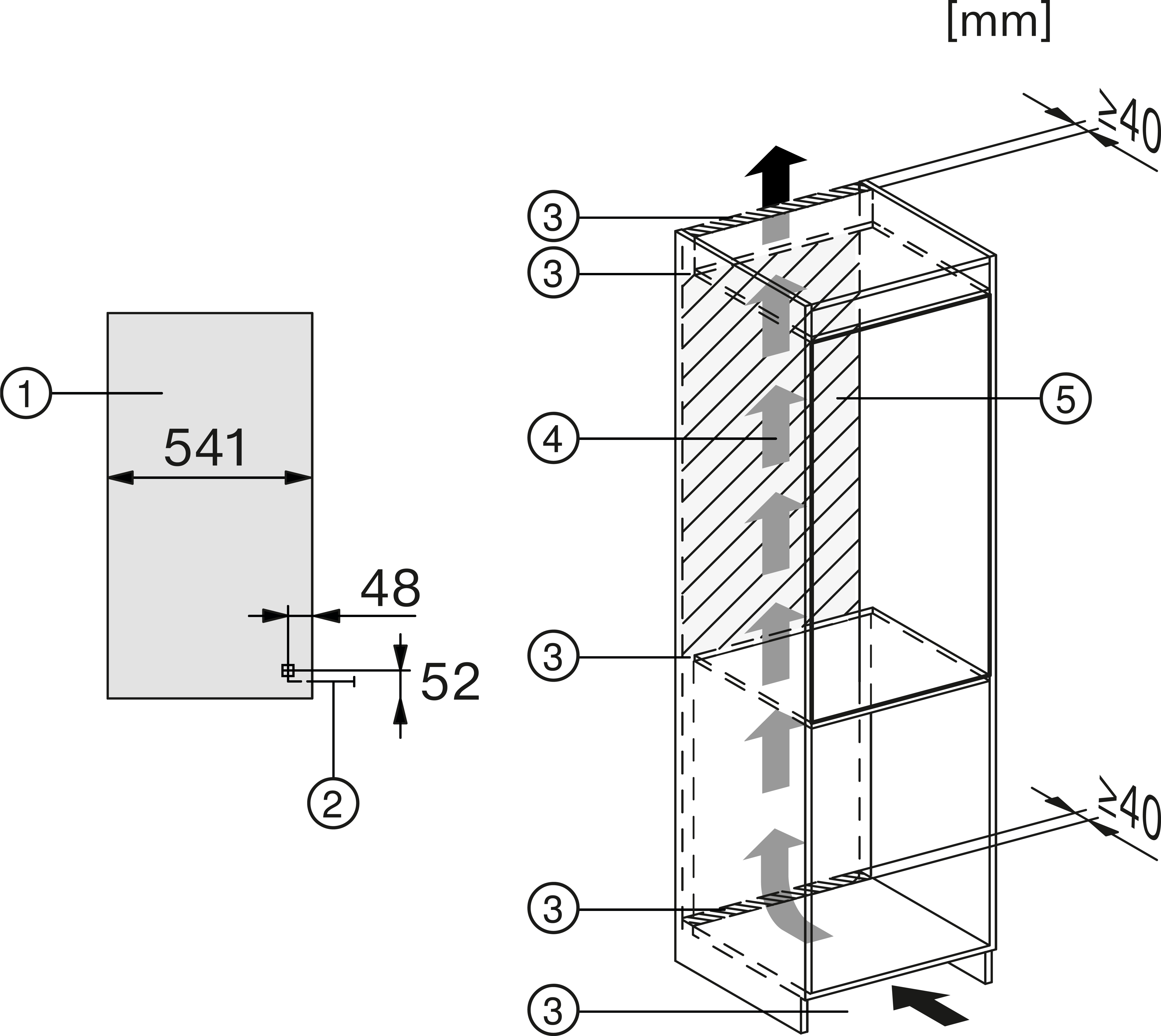 Maattekening MIELE koelkast inbouw K7216E