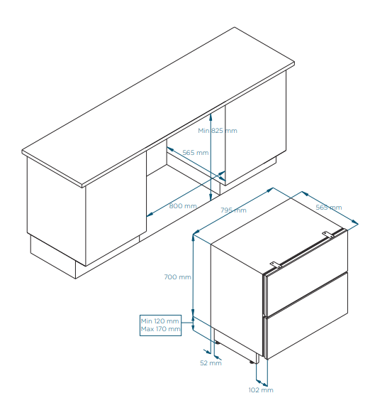Maattekening NORCOOL lade koelkast onderbouw roestvrijstaal